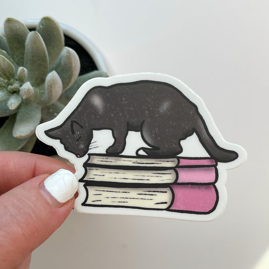 Black Cat on Books Waterproof Sticker