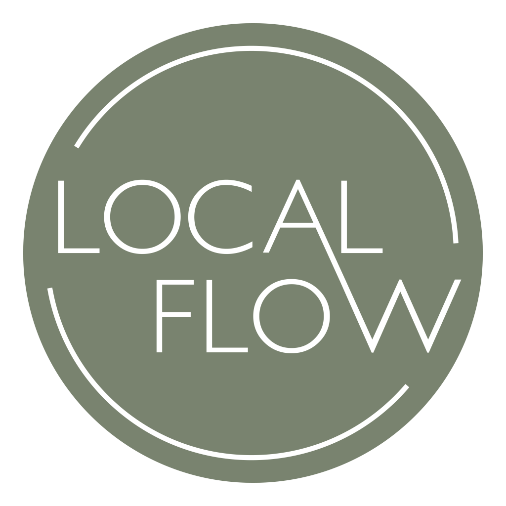 Logo for Local Flow Creperie and Cafe with white text on a green circlular background.